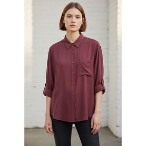 100% Silk Button Front Blouse Large Rose Berry  Long Sleeve Soft Draped Top